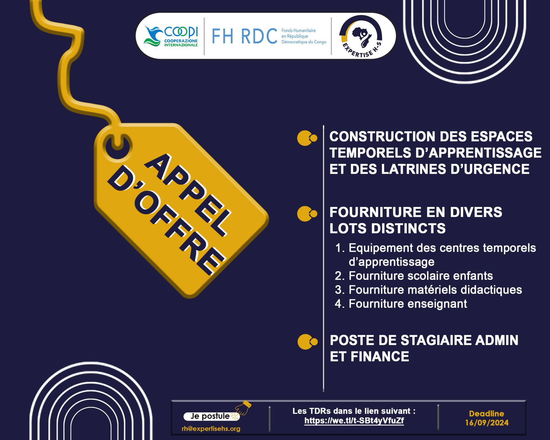 Appel d’offres et recrutement : Construction d’espaces d’apprentissage, fourniture de matériels éducatifs et stage en Administration & Finance
